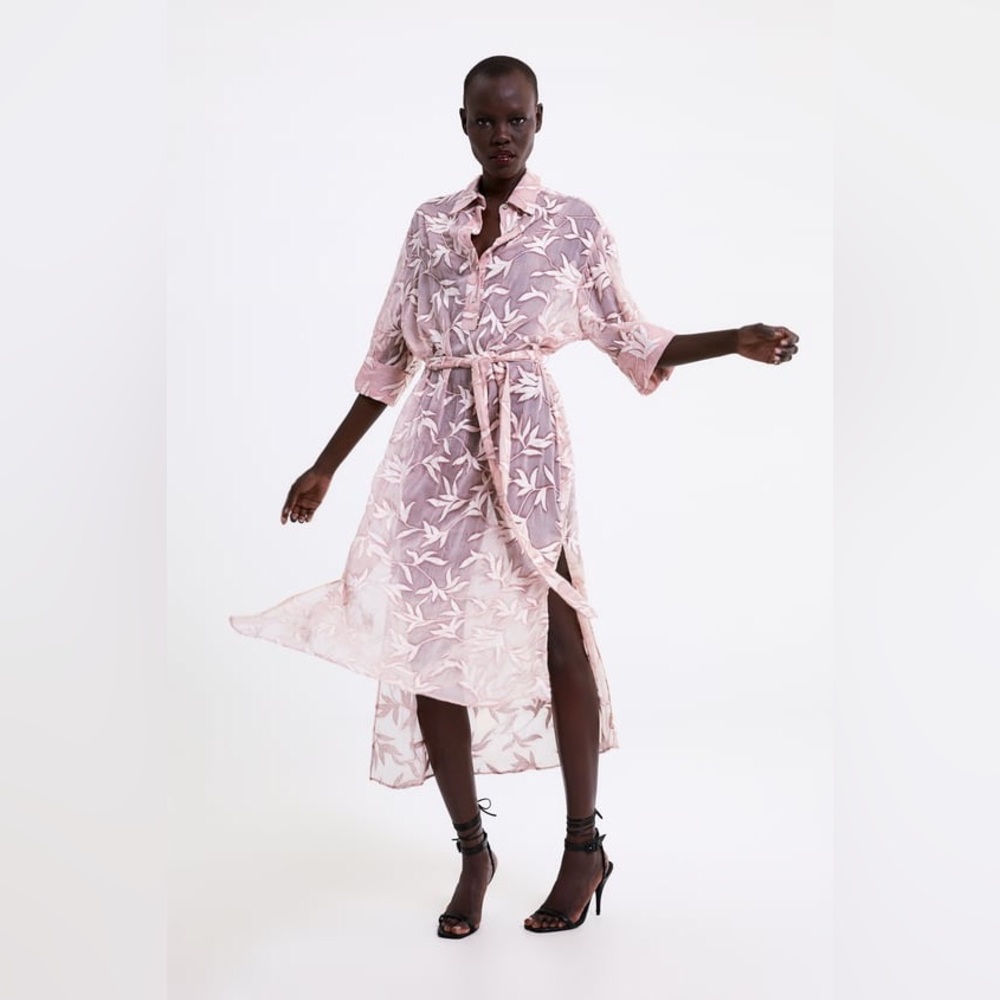 Zara Floral Embroidered Sheer Shirt Dress size Small